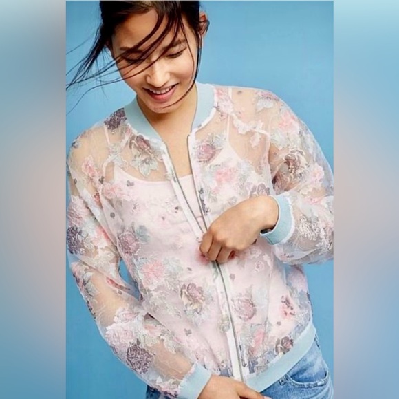 Anthropologie Jackets & Blazers - Anthropologie | Maeve Pastel Floral Organza Bomber Jacket Long Sleeves Front Zip